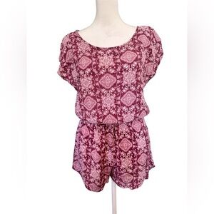 XL Mia Chica pink cream paisley print romper bow back linen hippie cottage